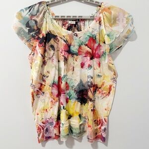 Indigo Soul Colorful Floral Blouse Womens Size 2XL Watercolor Artsy Cottagecore